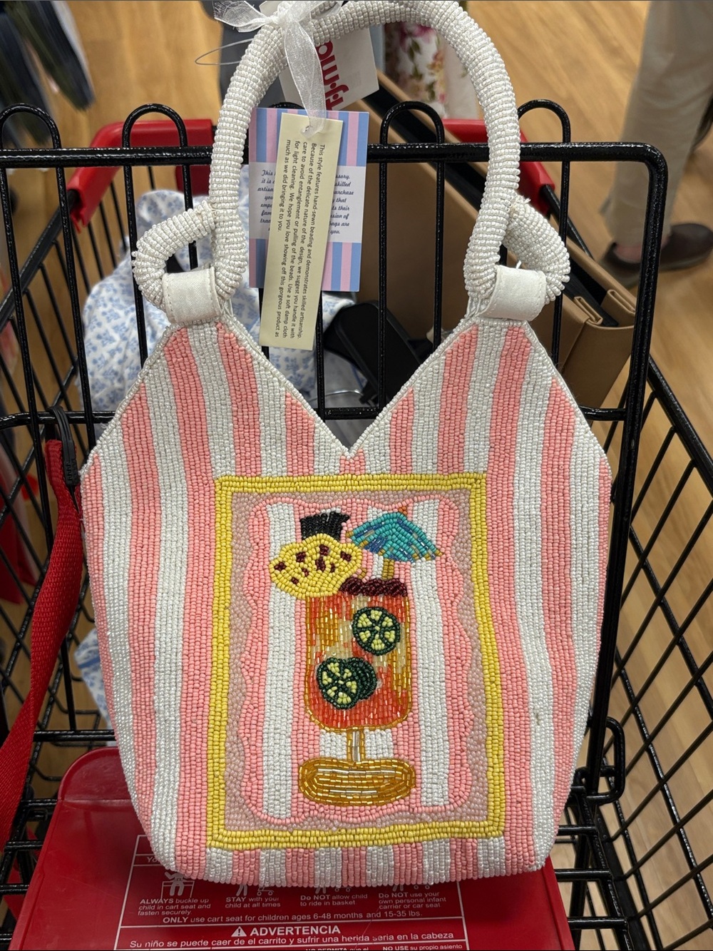 Beaded Pink & White Striped Tote with Tropical Drink Motif